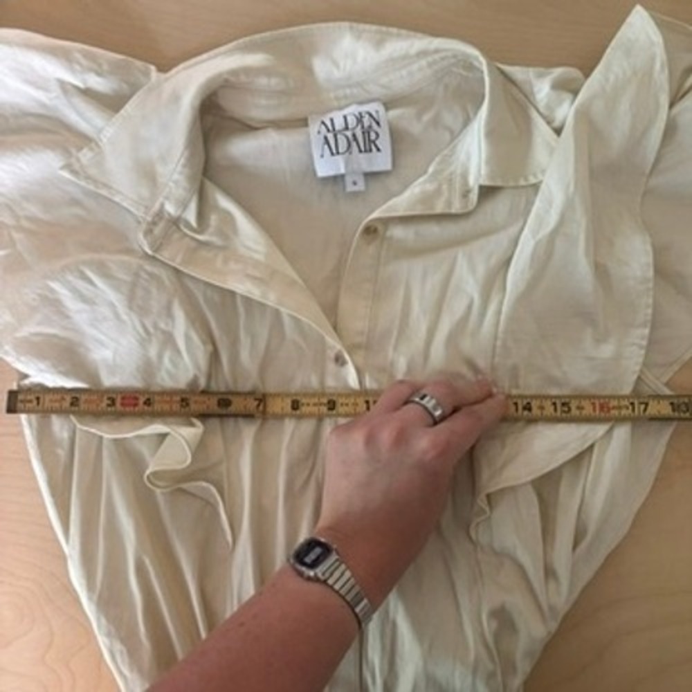 Alden Adair Button Front Dress Women Sz S Cream Ruffle Flutter Sleeve Belted - Picture 13 of 13